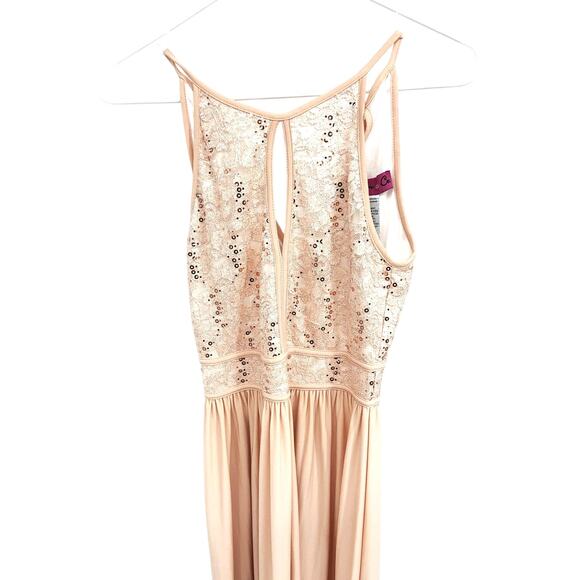 Morgan & Co Sequence Embellished Tie Back Long Halter Dress Nude Size 4 - Picture 3 of 7